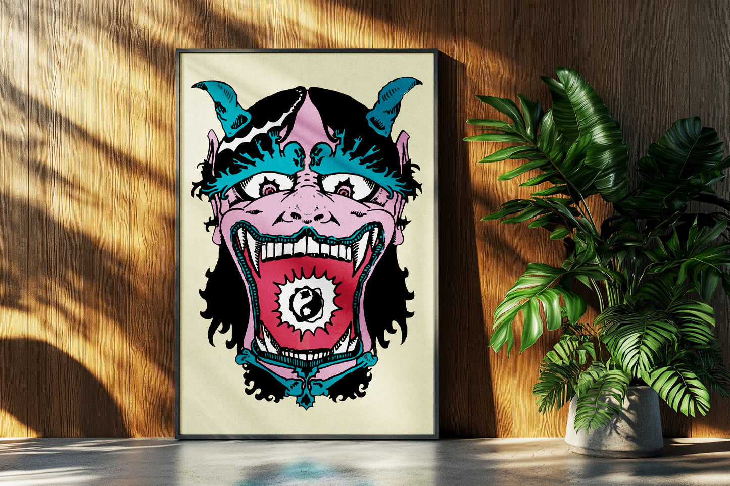 "Demon Head" Premium Framed Art Print (Pink & Yellow)
