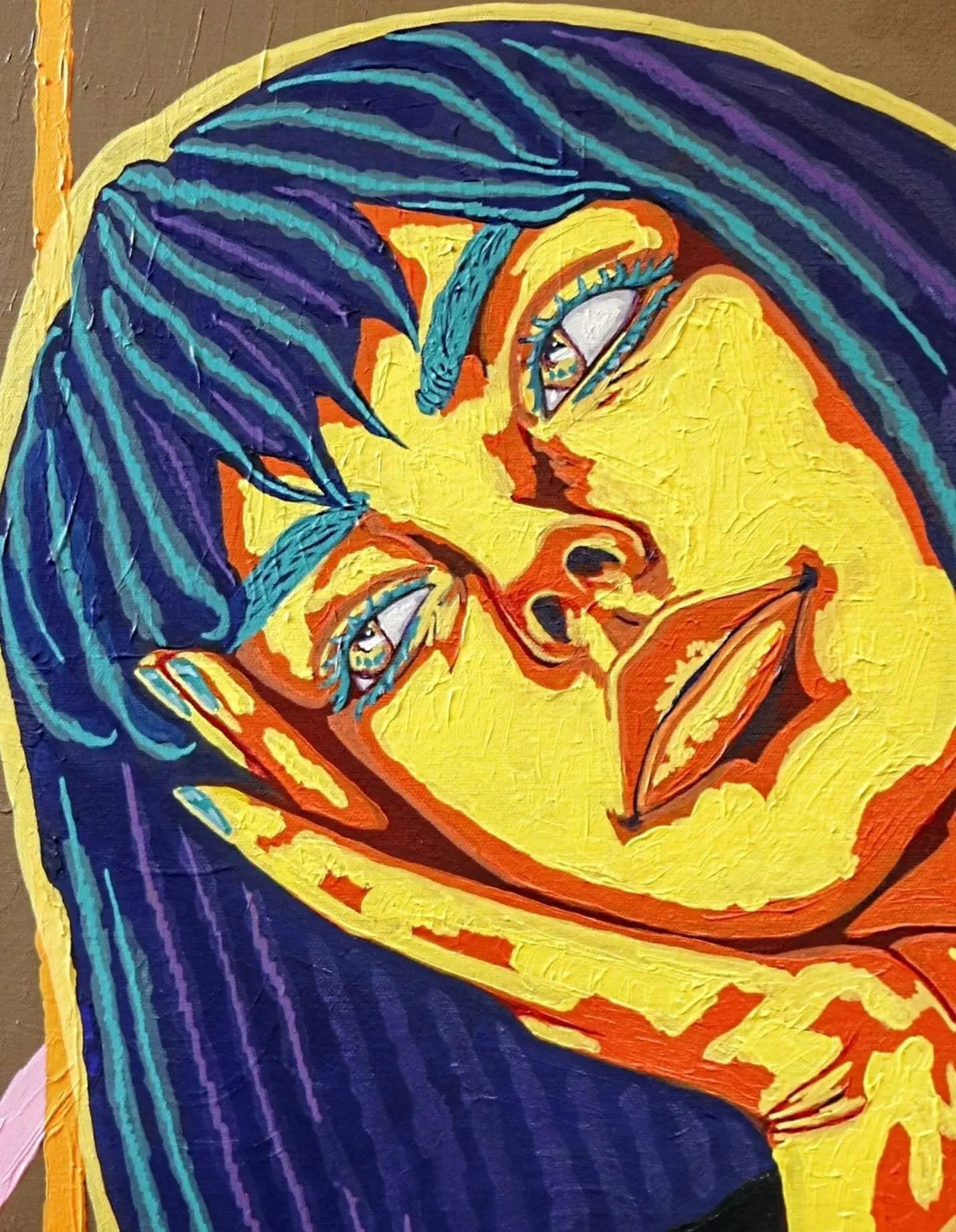 Original Abstract Painting Dreamer by Ben Gilden features a dreamer woman with blue and purple hair, glowing skin in vibrant yellow, orange, and red tones, exaggerated features, expressive eyes on a muted brown background. Acrylic on canvas 71 × 56 cm. Available at My Store.
