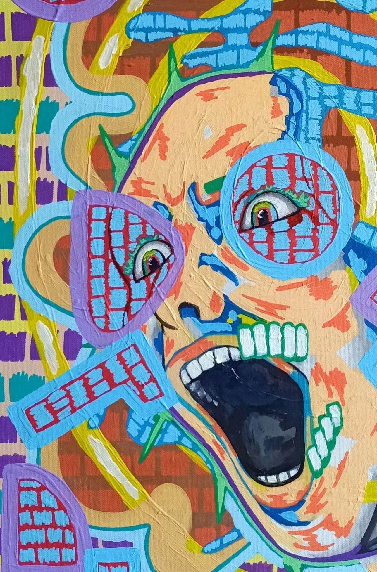 The Original Abstract Painting Madness Art by Ben Gilden, offered by My Store, is an acrylic on canvas piece sized 90.5 × 60.5 cm. It showcases a colorful, chaotic depiction of a screaming face with exaggerated features set amidst vibrant blue, pink, and yellow shapes and patterns.