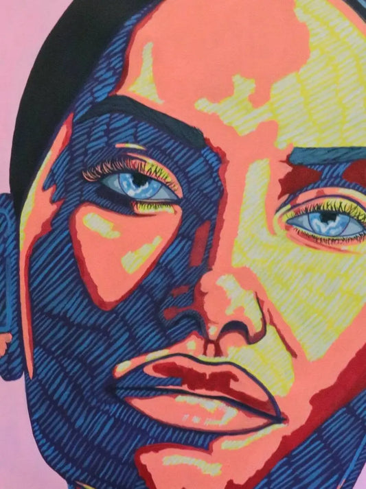 The Absence by Ben Gilden at My Store is an original abstract portrait painting using acrylic on canvas. Measuring 64 × 84 cm, it features bold blues and pinks to highlight the eyes and lips, with pop art-inspired contrasts and lines.