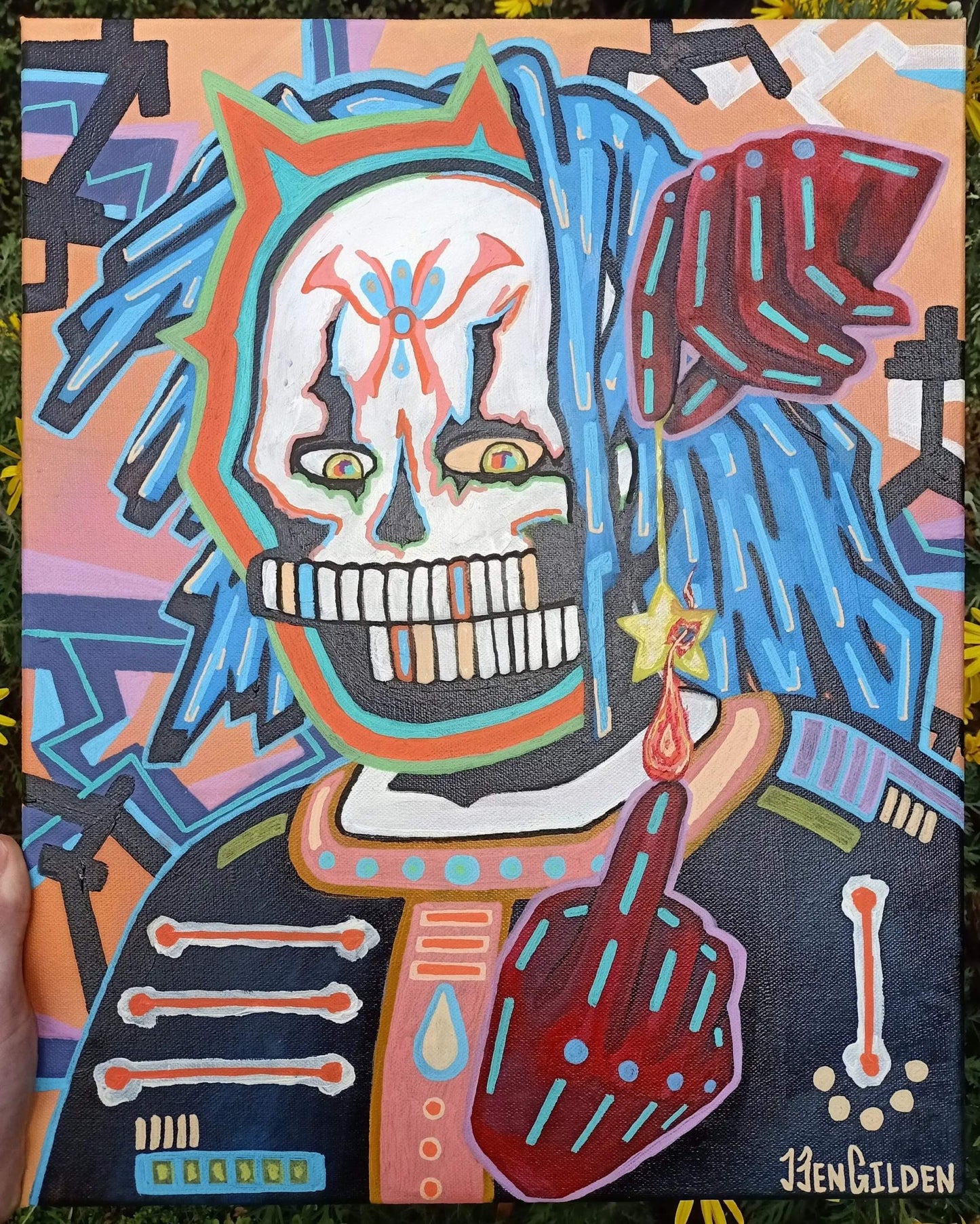 The Burning Stars original abstract painting by Ben Gilden, available at My Store, features a 40 × 50 cm acrylic on canvas piece depicting a skull-faced figure with blue hair holding a star-adorned red hand against a vibrant geometric backdrop.