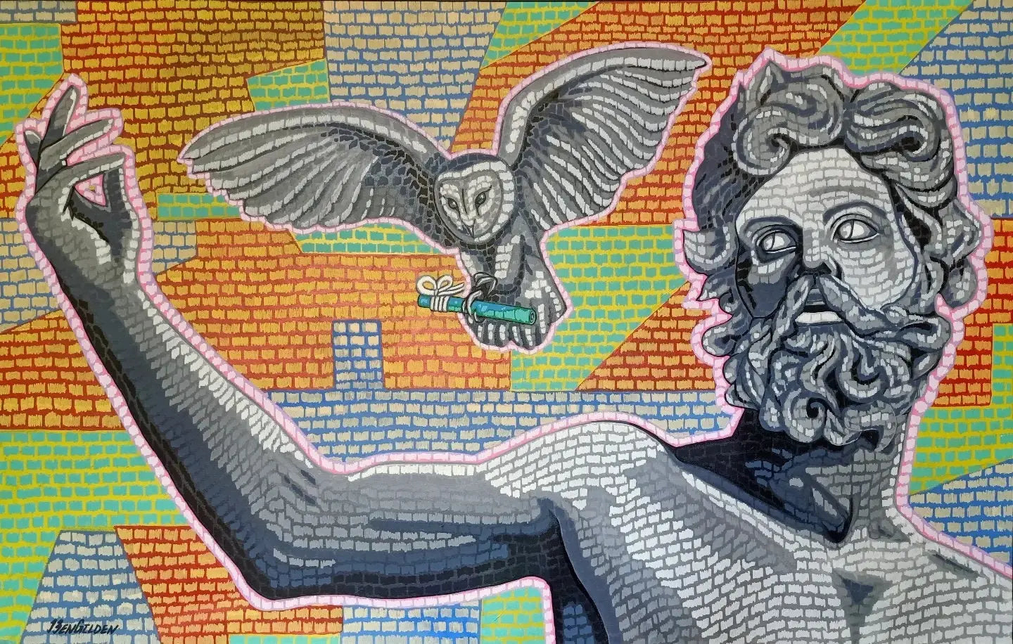 The abstract painting Glaukopis by Ben Gilden from My Store depicts a bearded man with an owl carrying a scroll against a geometric background in orange, blue, and green hues. Created with acrylic paint on canvas, it measures 134.5 × 85 cm.