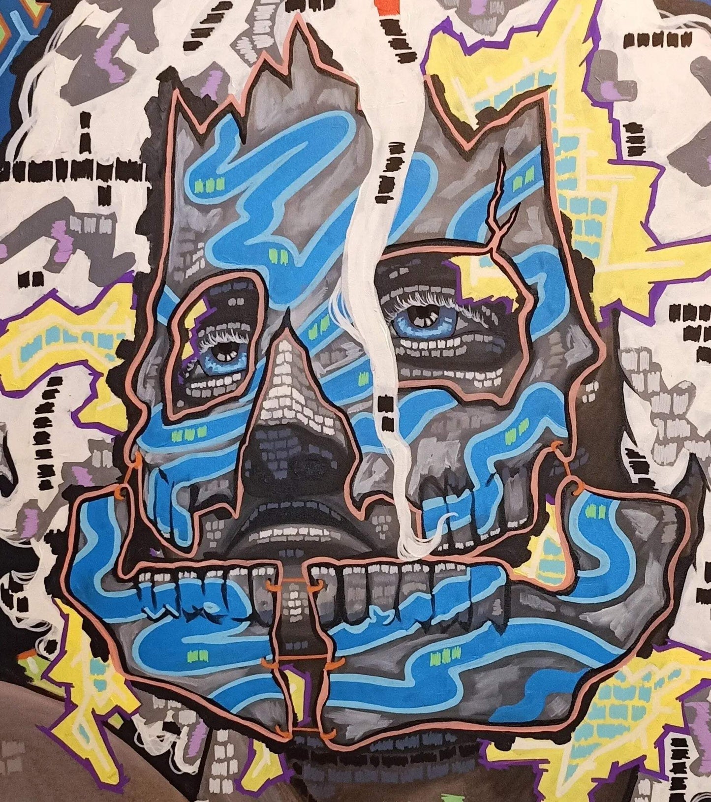 The Revolution abstract painting by Ben Gilden, available at My Store, features a stylized skull with colorful patterns in blue, gray, yellow, and orange. Its crafted with acrylic on canvas (101 × 110 cm) and set against a dynamic textured background with electric shapes.