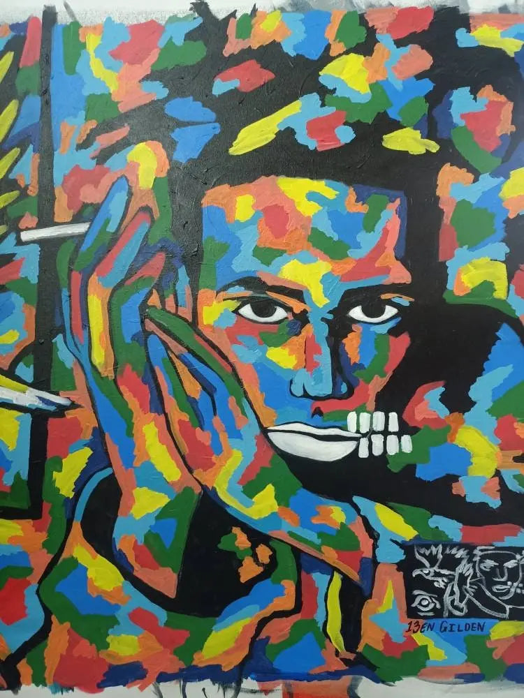 The Original painting Eagle Eye by Ben Gilden, available at My Store, is an acrylic on canvas measuring 150×90 cm. This colorful abstract piece features a person with a contemplative expression and dynamic multicolored brushstrokes that highlight the artists keen attention to detail.