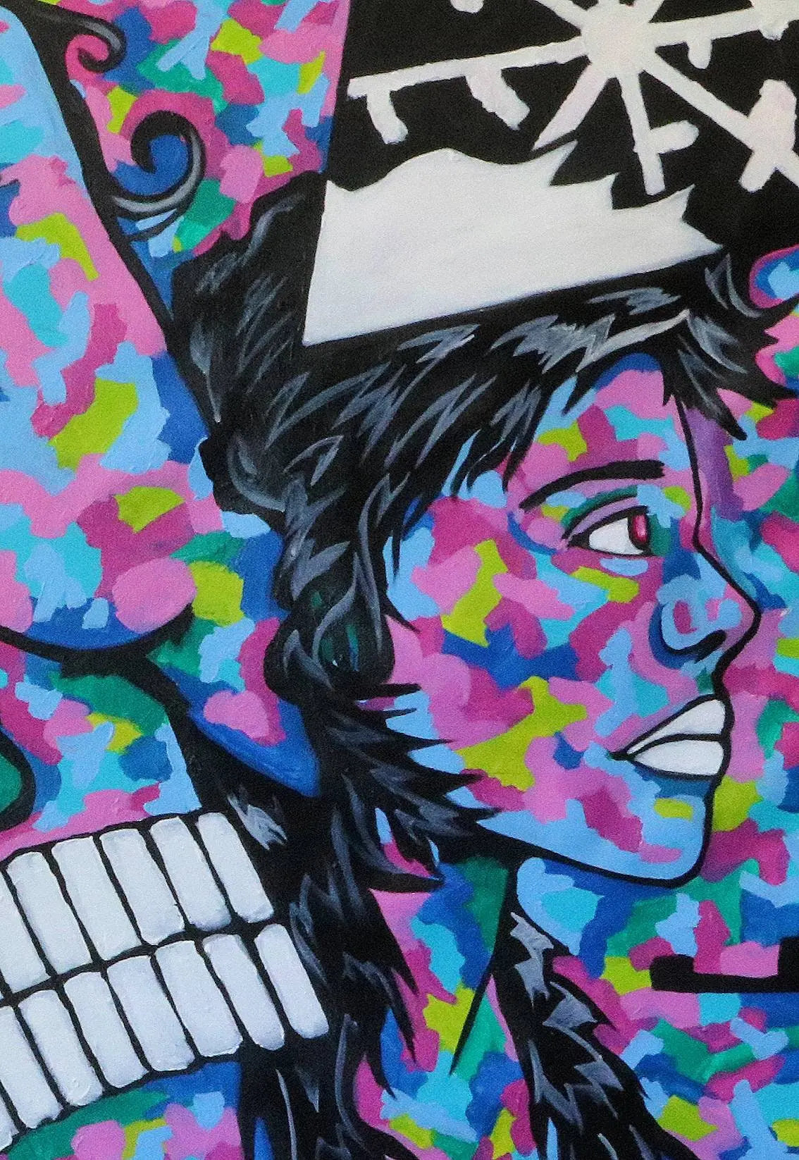 The original painting Enlightenment by Ben Gilden, available at My Store, is an acrylic on canvas (126×96 cm) featuring a colorful abstract profile of a face. Vibrant pink, blue, and purple form the visage with a headdress and white symbol suggesting an Eclipse on a black background.