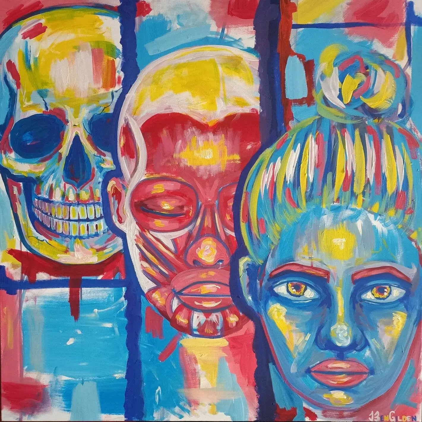 The Genesis original painting by Artist Ben Gilden, available at My Store, features a colorful skull, human face muscle anatomy, and a woman with a bun. Painted with premium acrylics on 100×100 cm canvas, it vibrantly showcases dynamic blues, reds, and yellows.