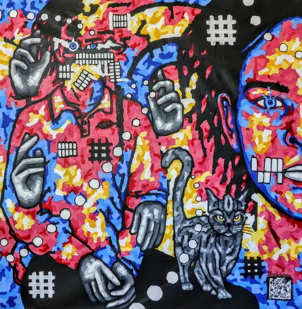 Trippy Portrait "Distance" Oversized Canvas Art by Ben Gilden Acrylic Paint On Large Square Canvas 145 × 142 cm My Store