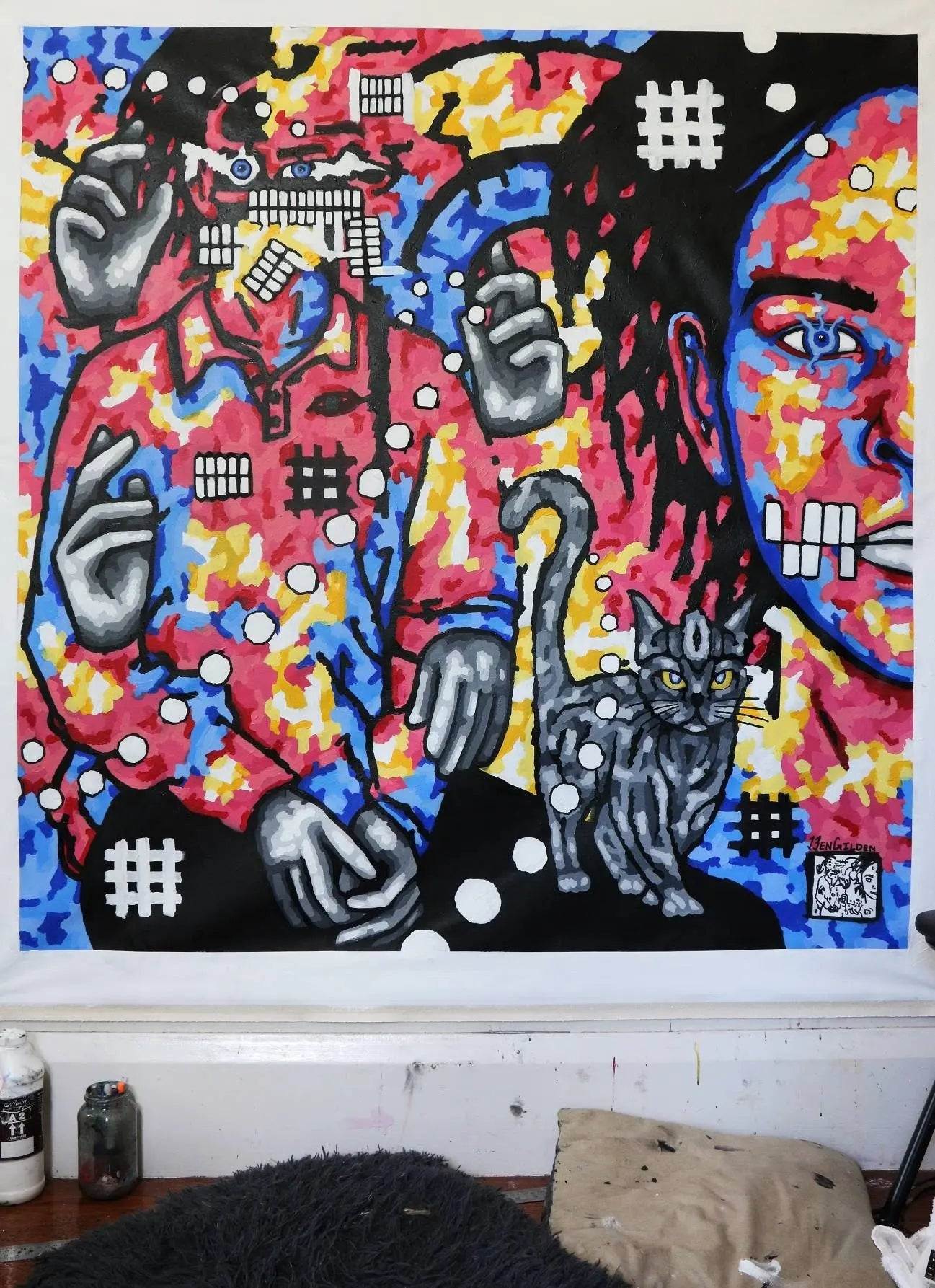 Trippy Portrait "Distance" Oversized Canvas Art by Ben Gilden Acrylic Paint On Large Square Canvas 145 × 142 cm My Store